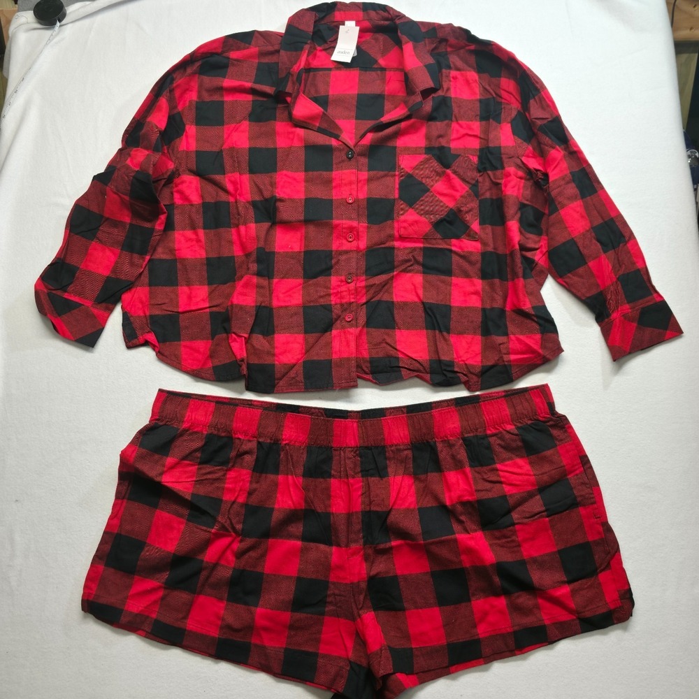 Auden‎ Women's Red Plaid Flannel 2 Piece Shorts & Top Sleepwear Set Size 4X NWT